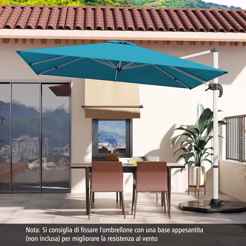 Ombrellone quadrato da giardino Costway blu con palo in alluminio, inclinazione regolabile e base incrociata, L 300 x P 300 cm – 2