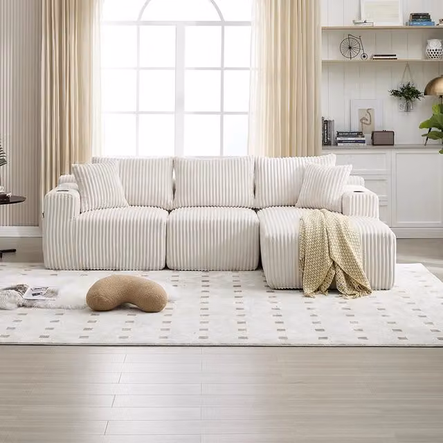 Divano modulare con chaise longue e 2 posti - Xylo - Velluto costato, 5 cuscini, portaoggetti e bevande