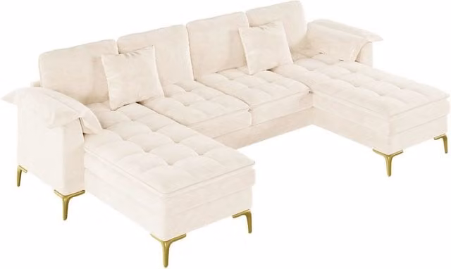 Divano angolare a U modulare 4 posti con doppio cuscino in schiuma, rivestimento in ciniglia beige, gambe in metallo dorato, con 2 chaise longue e 2 cuscini