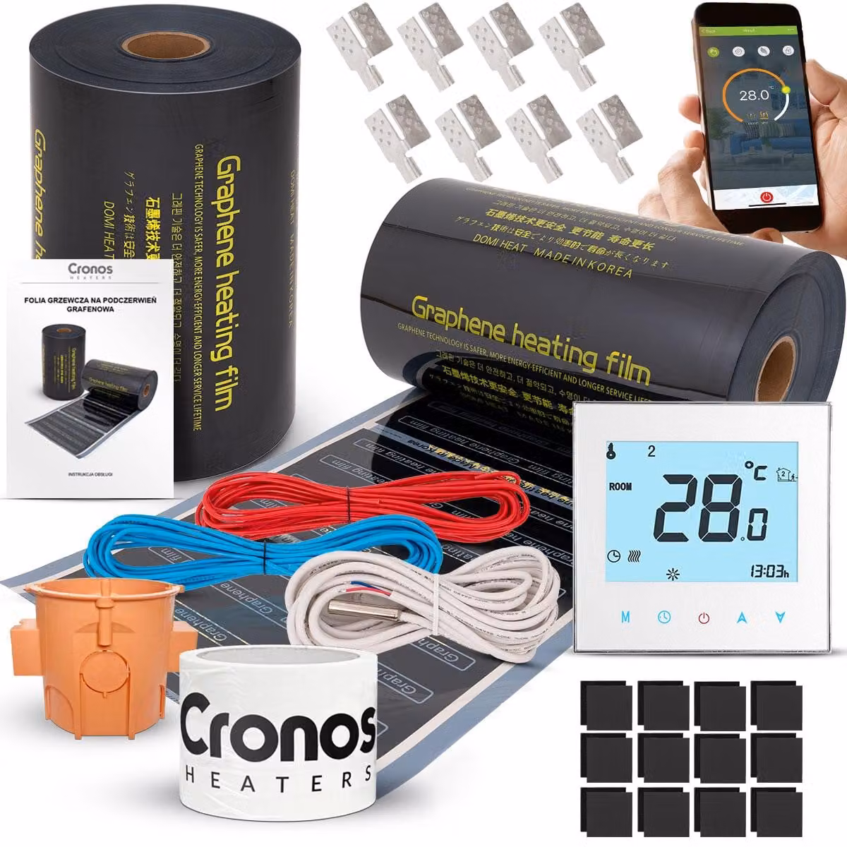 Cronos GRAPHENE: Set di pellicole riscaldanti a infrarossi da 220W/m², dimensioni 50 cm - 8 m² + termostato Wi-Fi AC605H, colore bianco