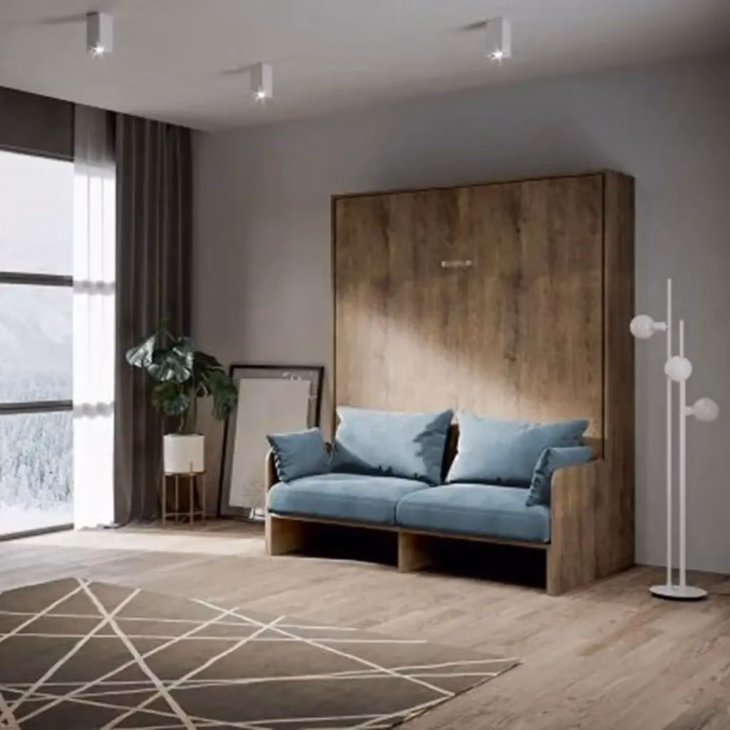 Letto matrimoniale a scomparsa Kentaro con divano, noce e azzurro, L/P/H: 160 x 200 cm – 2