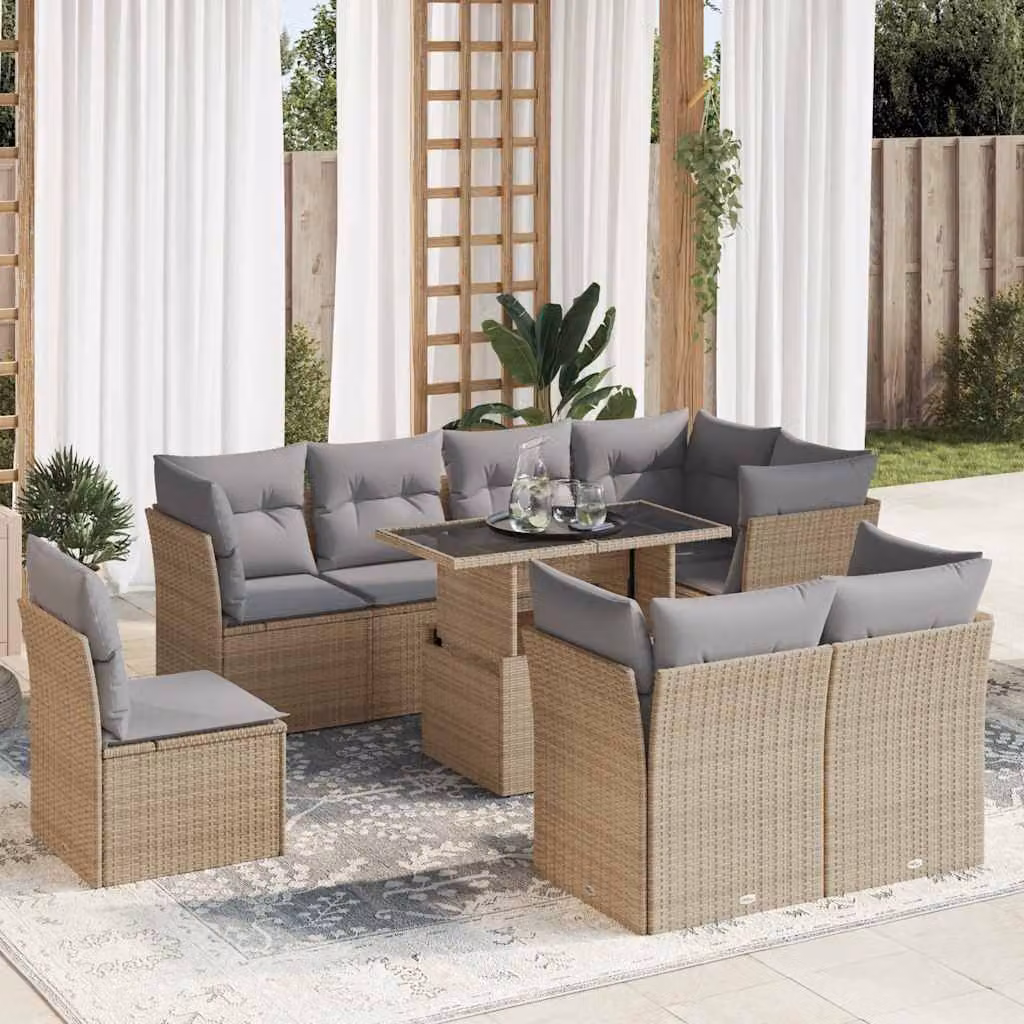 Set Divano da Giardino vidaXL 9 pz a forma a U con Cuscini Beige e Tavolino in Polyrattan e Metallo