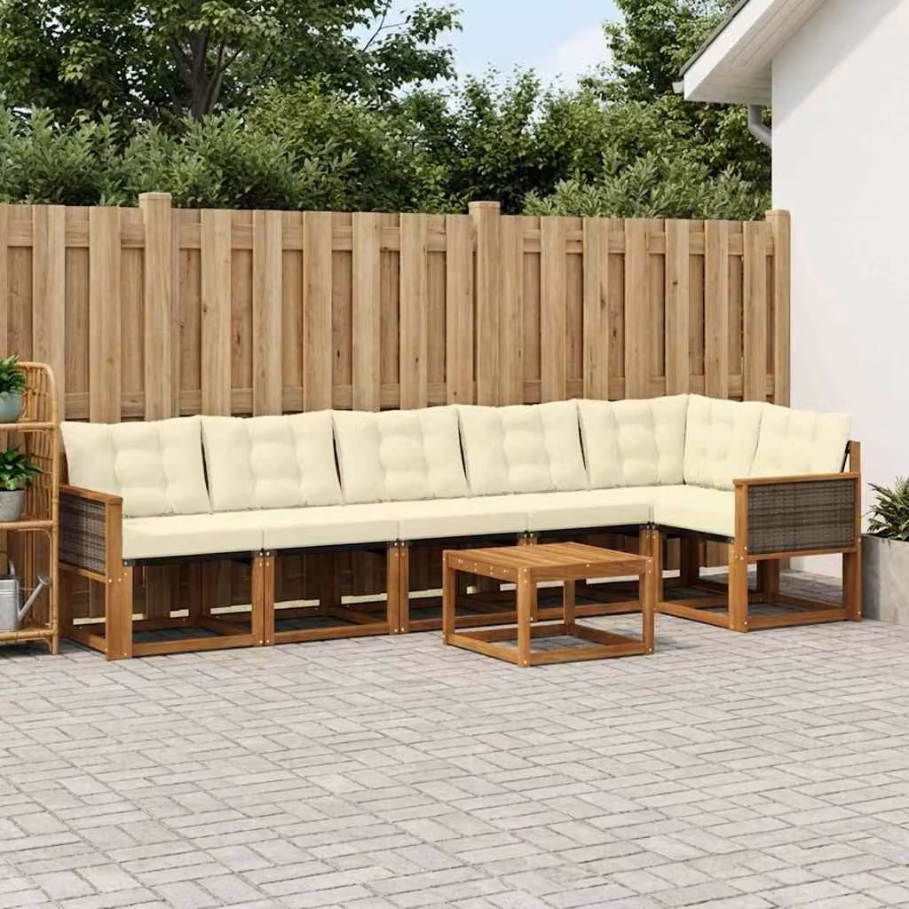 Set di divani da esterno vidaXL a forma di L composto da 7 pezzi in legno di acacia con cuscini beige e marrone per giardino e terrazza