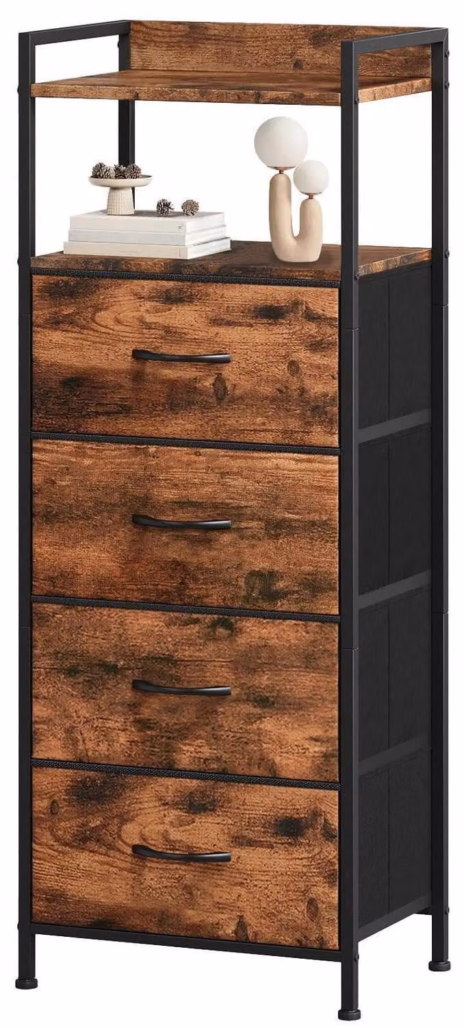 Comodino con 4 cassetti rivestiti in tessuto, finitura effetto legno, dimensioni 28x40,2x106 cm