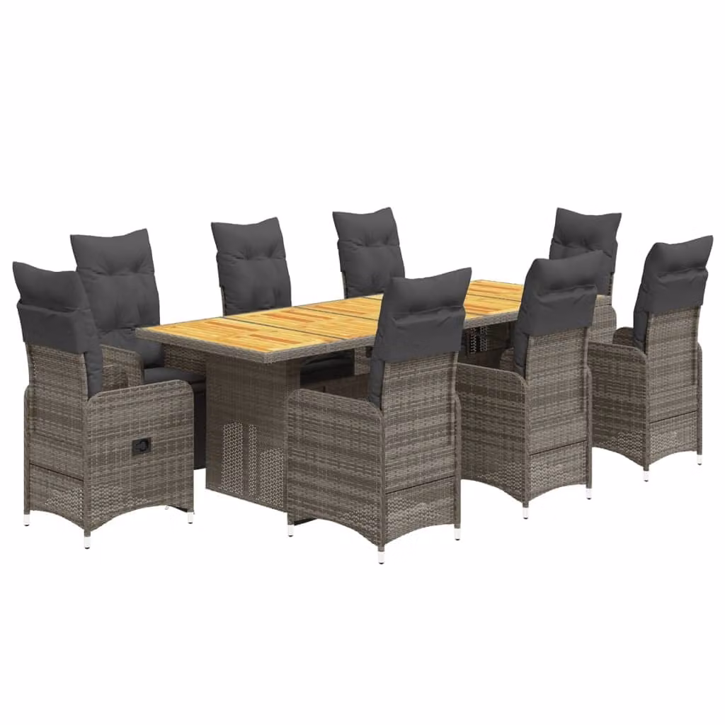 Set Bistrò da Giardino 9 pz con Cuscini in Polyrattan Grigio