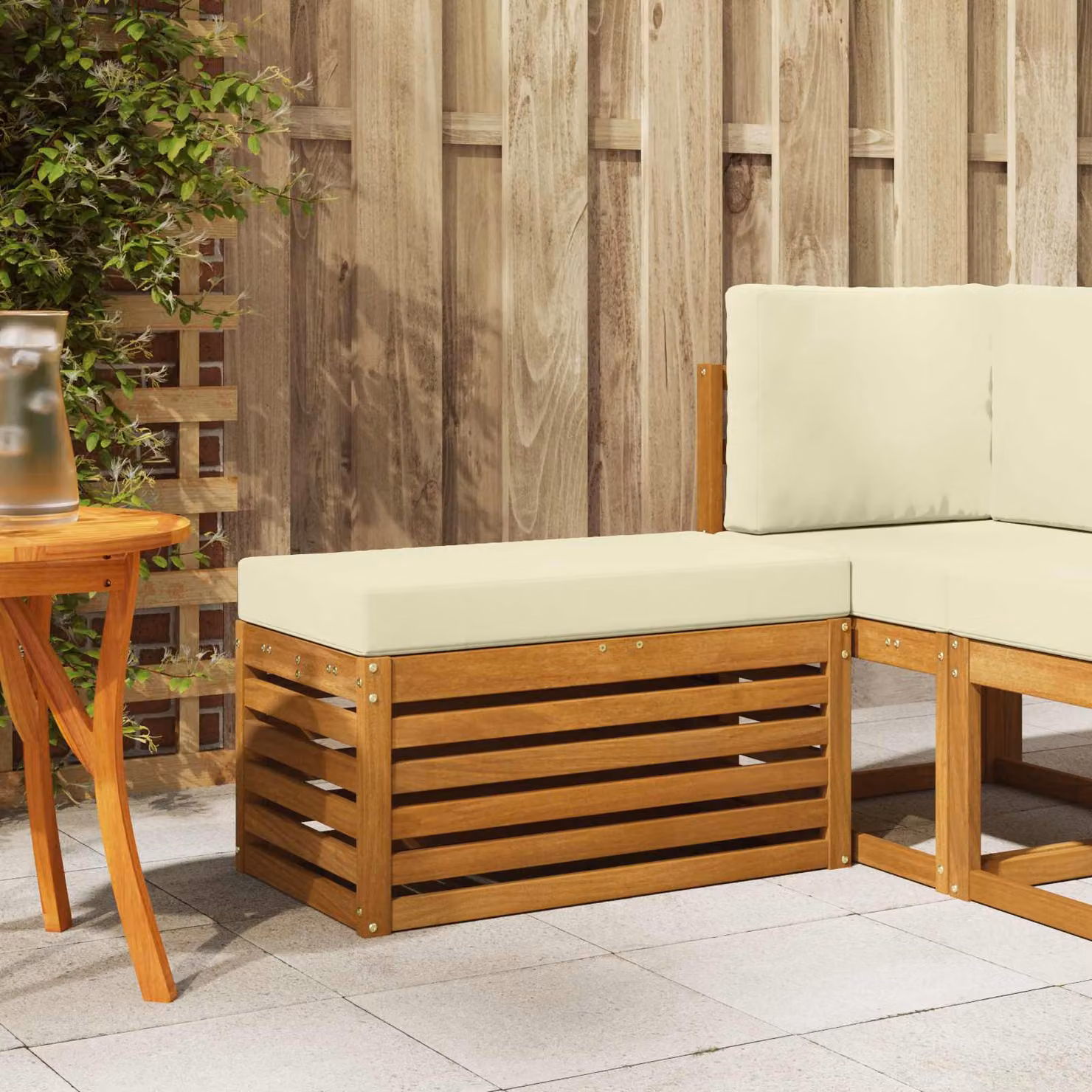 vidaXL Panca da esterno moderna in legno di acacia naturale, colore beige/marrone, L: 110 cm, P: 43 cm, H: 37 cm