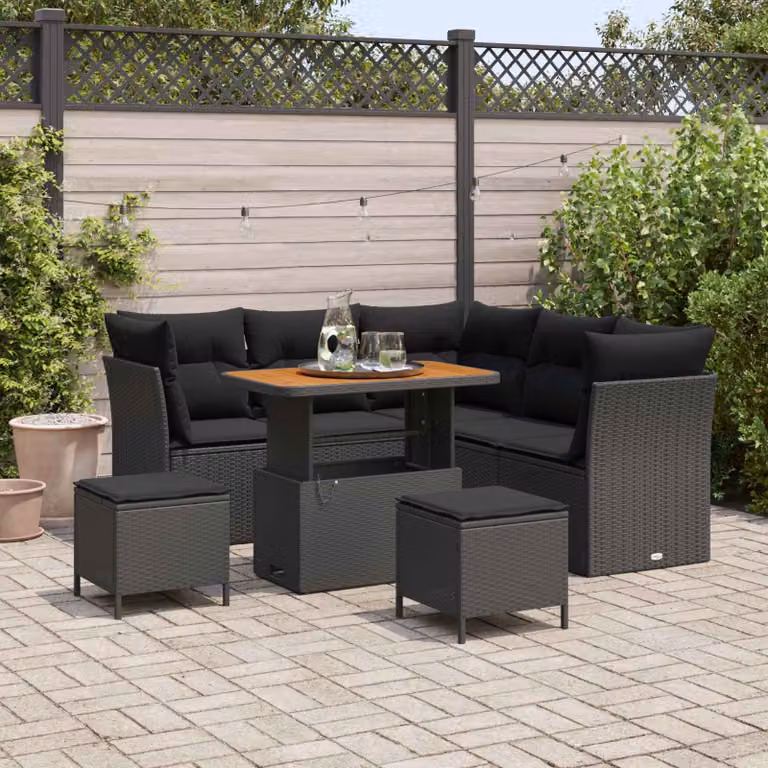 Set Divano da Giardino a L vidaXL 8 Pezzi Nero con Cuscini e Tavolino da Esterno in Polyrattan e Acciaio