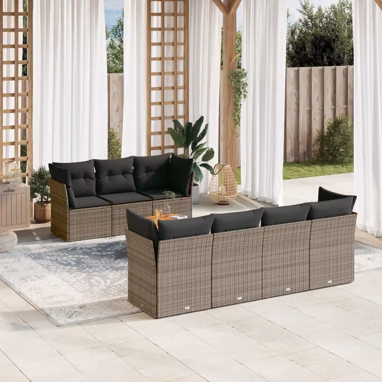 vidaXL Set Divano da Giardino 8 pz a L in Polyrattan Grigio con Cuscini e Tavolino