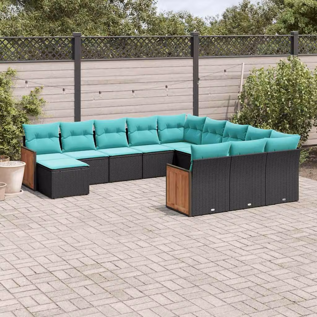 Set di divani da giardino vidaXL a forma di U composto da 12 pezzi con cuscini, polyrattan e struttura in acciaio, colore nero e blu/turchese