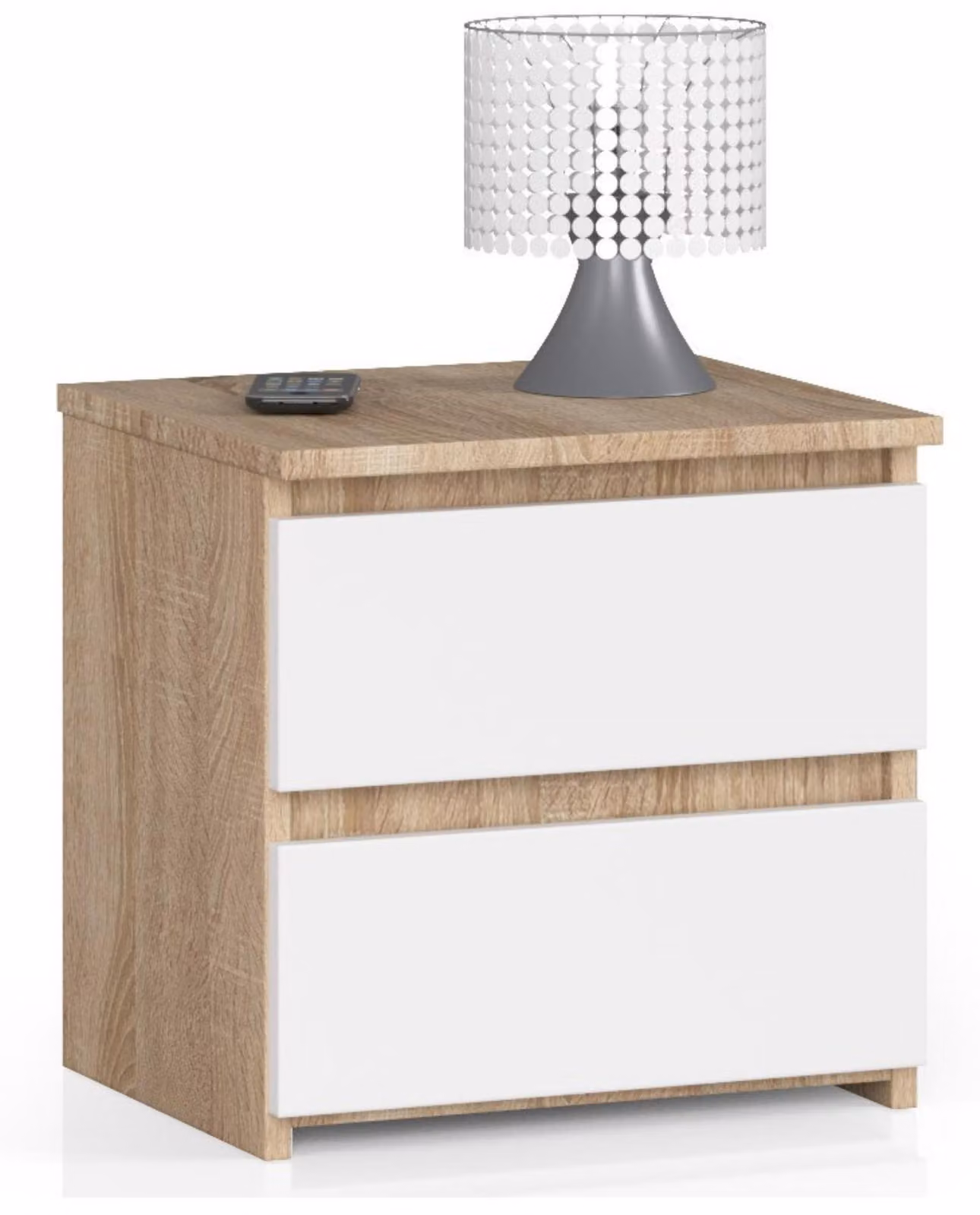 Comodino con 2 cassetti. Organizzatore per comodino. Comodino con cassetti, 40 cm di larghezza, 40 cm di altezza. Finitura: rovere sonoma e bianco. Mobile alto, mobiletto, armadietto stretto