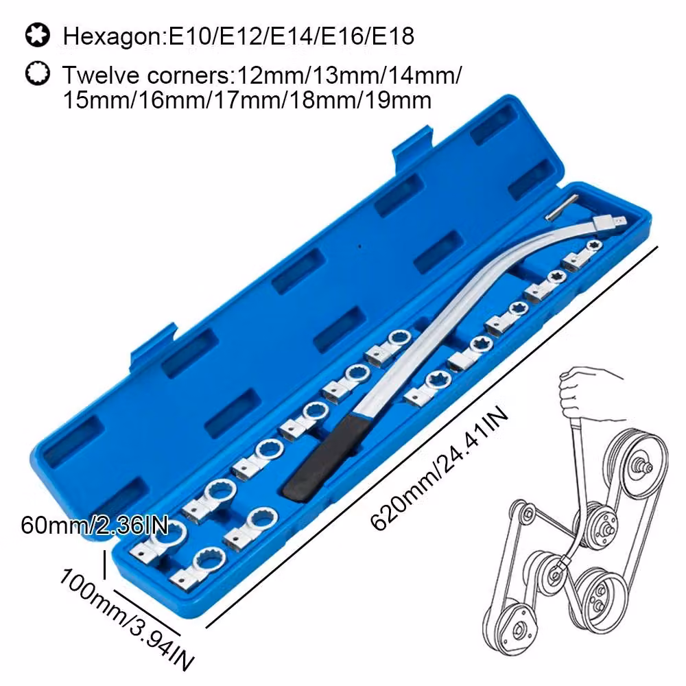 Set di strumenti per la tensione della cinghia di distribuzione - Set di 15 chiavi per pulegge di diverso tipo - 12–19 mm, E10–E18 - Chiave a cricchetto regolabile - Per metallo - Blu