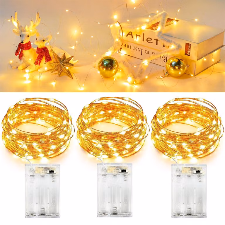 Set di 3 catene luminose, lunghezza 5 metri, 50 LED, luce bianco caldo, con timer, per uso interno