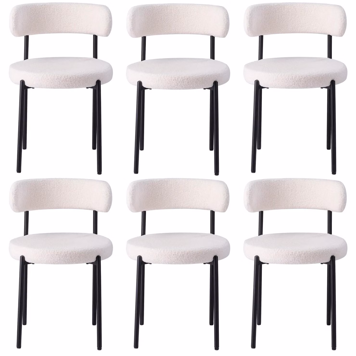 Sedie da pranzo - Set da 6 - Stile Mid-Century Modern - Seduta rotonda - Imbottite - Gambe in metallo - Assemblaggio richiesto - Bianco