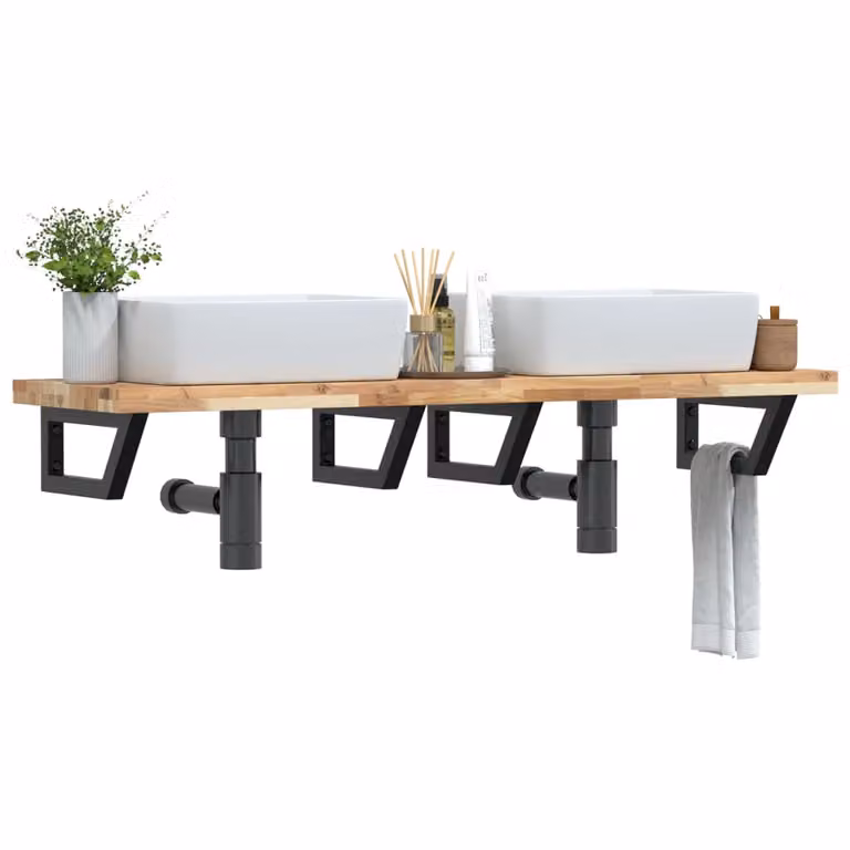 vidaXL Ripiano a Parete per Lavabo in Acciaio e Legno di Acacia, Nero e Marrone, L: 40 cm, P: 19 cm, H: 40 cm