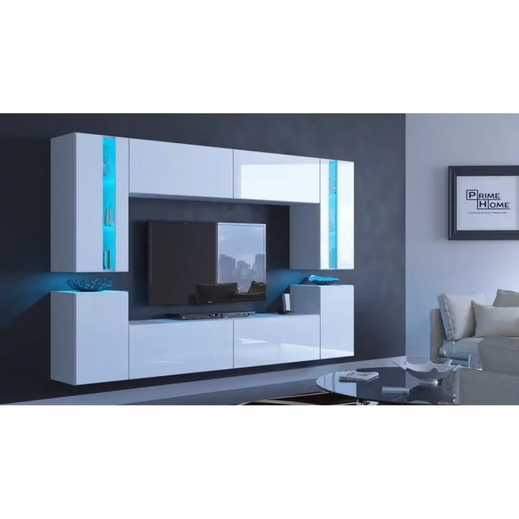 Set di mobili da soggiorno sospesi Meublorama collezione CEPTO XXIV, 8 moduli bianchi con finitura lucida e illuminazione LED integrata, L: 256 cm – 2