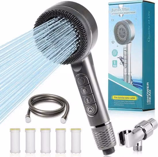 Soffione doccia con filtro, soffione doccia con tubo flessibile e supporto, soffione doccia ad alta pressione con 3 tipi di getto, tubo flessibile da 1,5 m e filtro per l'acqua