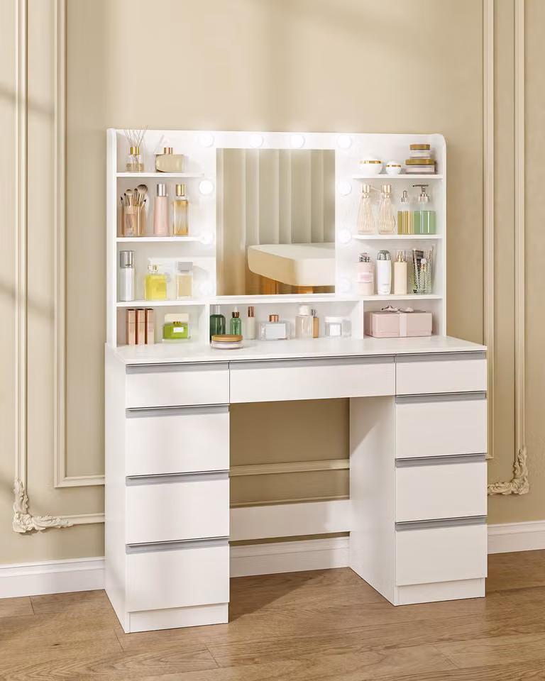 Comò con specchio - Bianco con illuminazione a LED - 9 cassetti