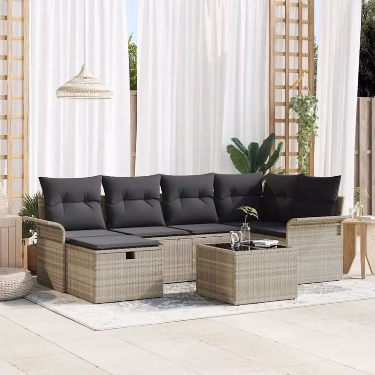 Set Divano da Giardino vidaXL 7 pz in Polyrattan Grigio con Cuscini e Tavolino