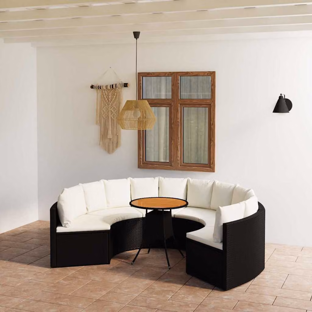 vidaXL Set Divani da Giardino 7 pz a Forma a U con Tavolino da Caffè e Cuscini in Polyrattan e Acciaio Nero – 1
