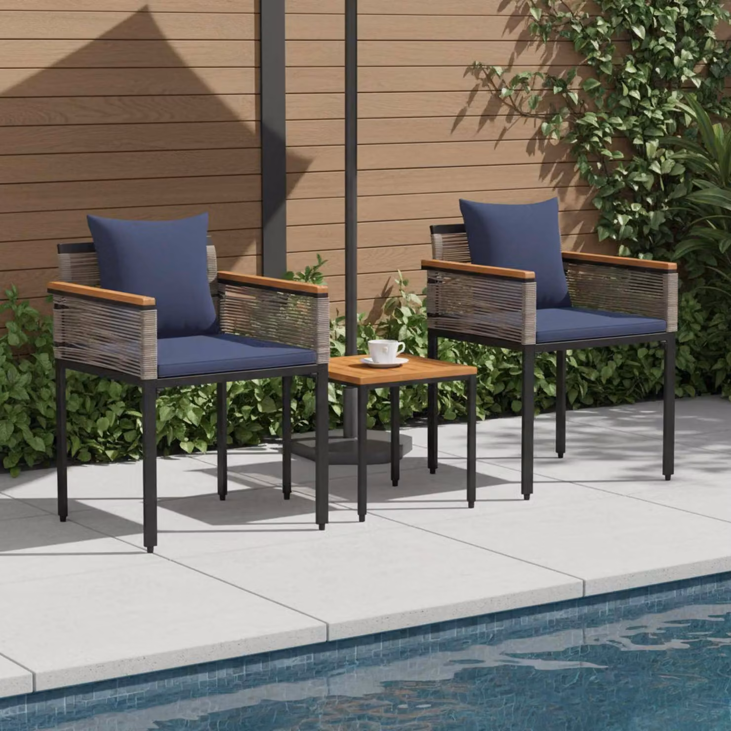Maison Exclusive - Set di mobili da giardino con cuscini in polyrattan grigio e blu navy