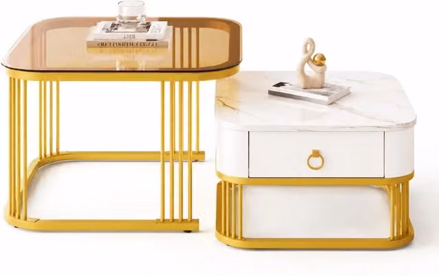 Set di 2 tavolini da salotto moderni REDOM in vetro e MDF, forma quadrata, colori bianco, oro e marrone, L/P/H: 60 x 60 x 44,5 cm e 50 x 50 x 34,5 cm