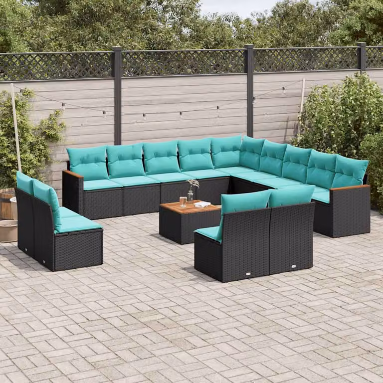 Set di divani da giardino vidaXL 14 pezzi a forma di U con cuscini e tavolino da esterno in rattan e struttura in metallo nero