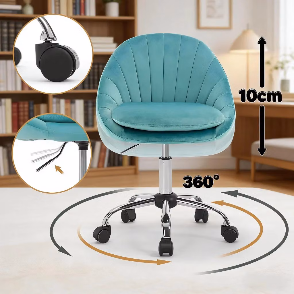 Sedia da ufficio ergonomica girevole REDOM in velluto turchese e metallo, regolabile in altezza, L: 52 cm, P: 52 cm, H: 72-82 cm – 2