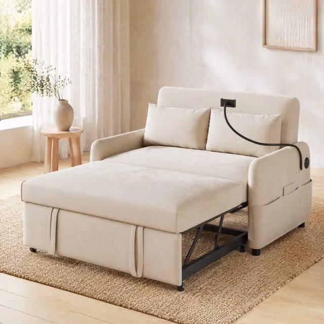 Divano Letto Estraibile REDOM in Ciniglia Beige con USB e Supporto Telefono L: 129 cm, P: 163 cm
