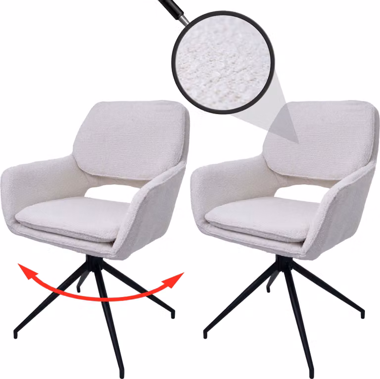 Set di 2 sedie da pranzo HWC-N74, sedie da cucina, girevoli con sistema di ritorno automatico, rivestite in tessuto bouclé (540g/m²), colore crema