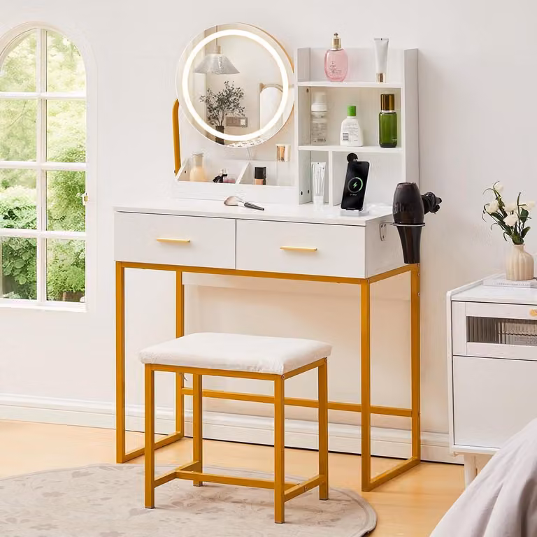 Comò da trucco con illuminazione a LED, specchio, cassetti, ganci per asciugacapelli, dimensioni 80x40x135 cm, colore bianco