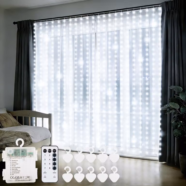 Tenda luminosa con 300 LED, dimensioni 3x3 metri, alimentazione a batteria, colore bianco, con timer