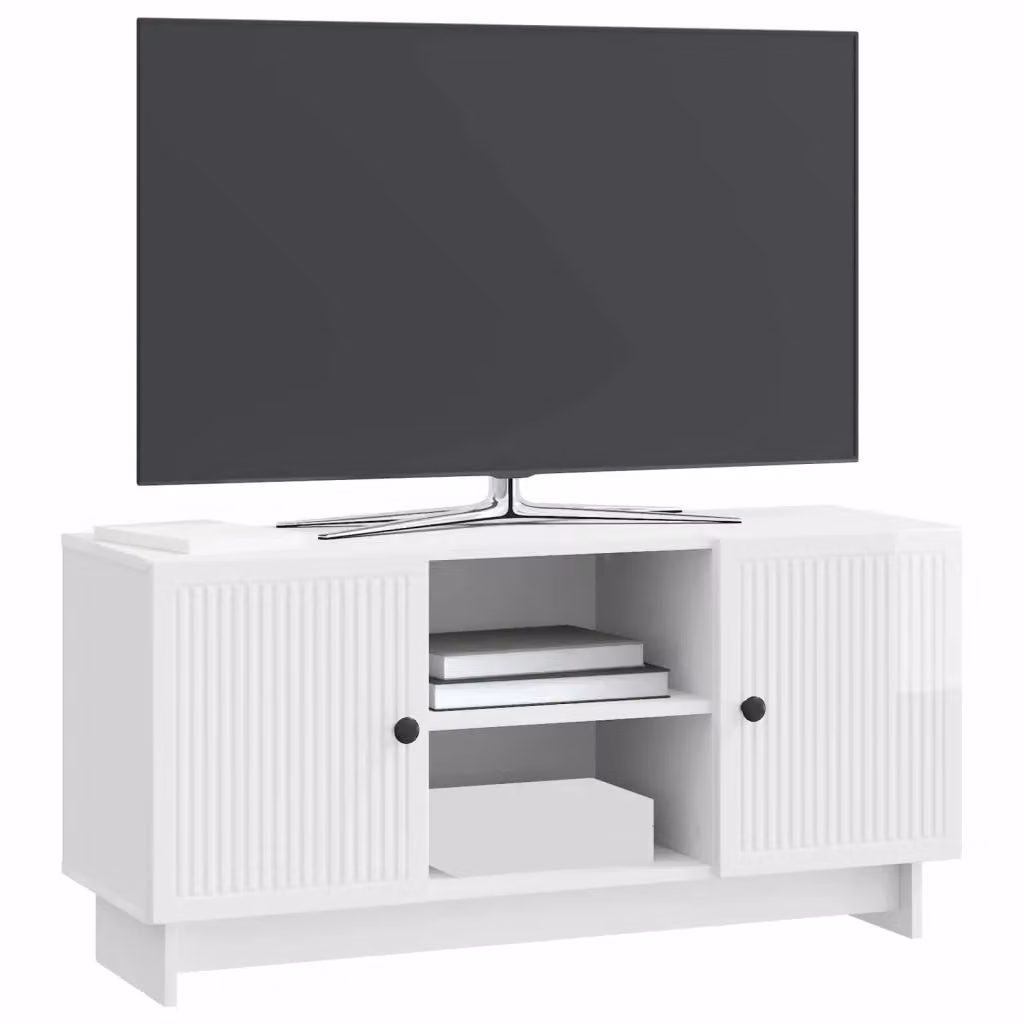 Mobile TV-Credenza Design In Bianco Lucido con dettagli in legno e metallo L/P/H: 102 x 34,5 x 50 cm – 2