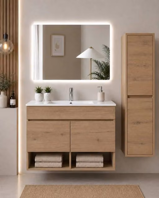 Mobile bagno sospeso con lavabo ORIGENBATH NEBARI con ante con colonna 80x45 cm estepa con colonna