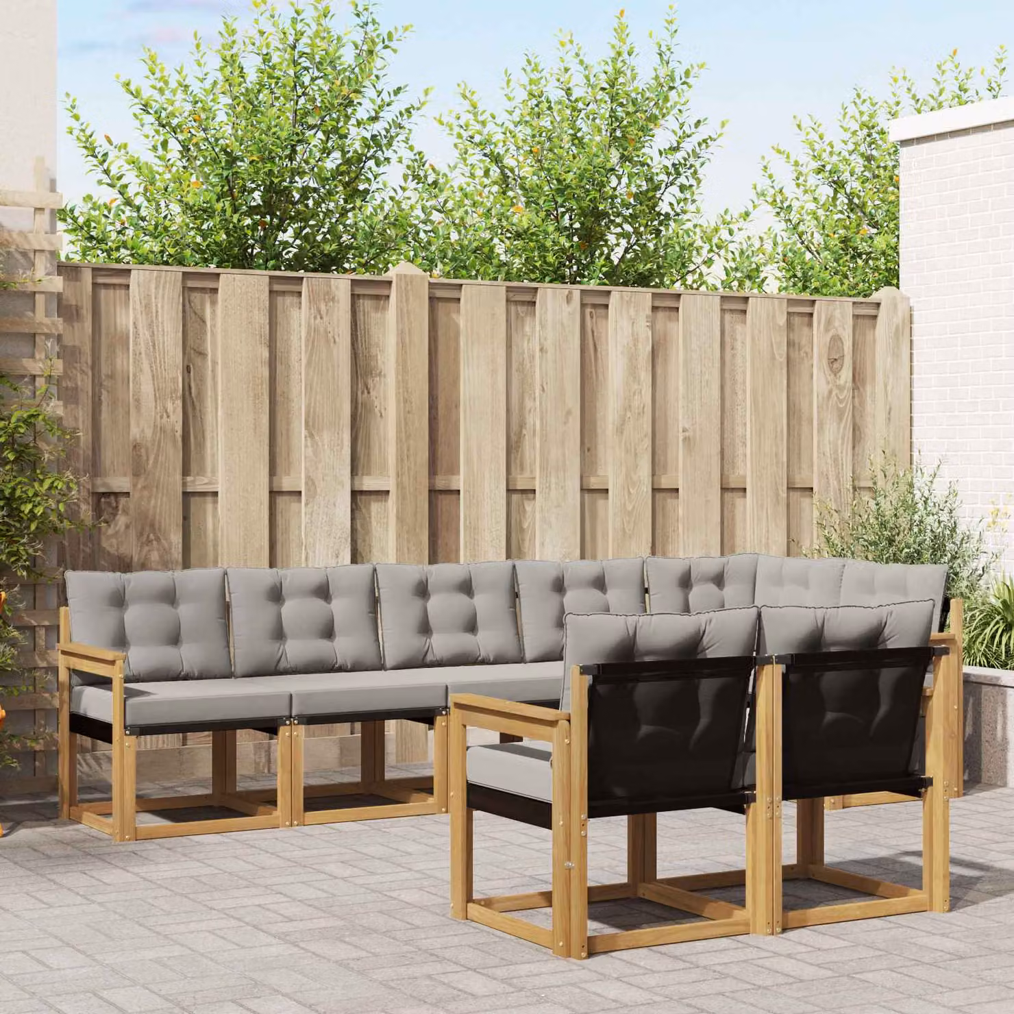 vidaXL Set di divani da esterno a L 8 pz in legno di acacia con cuscini Bianco e Grigio
