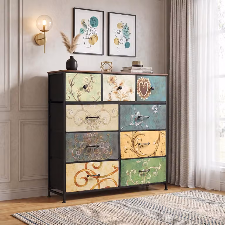 Comodino INONEFT con 9 cassetti rivestiti in tessuto, dimensioni 100x30x100 cm. Mobile contenitore per camera da letto, tipo settimino, con struttura in metallo e superficie in legno, decorato con un motivo floreale vintage