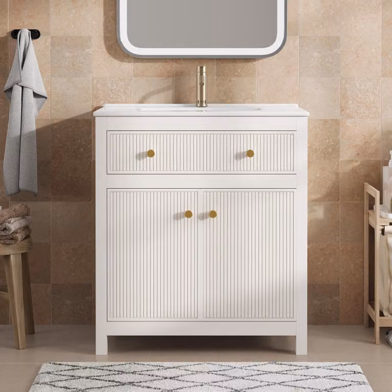 Mobile lavabo bianco da 81 cm con lavabo in Vetroceramica, 1 cassetto e 1 anta, sistema di chiusura ammortizzata, ante con superficie scanalata, modello autoportante