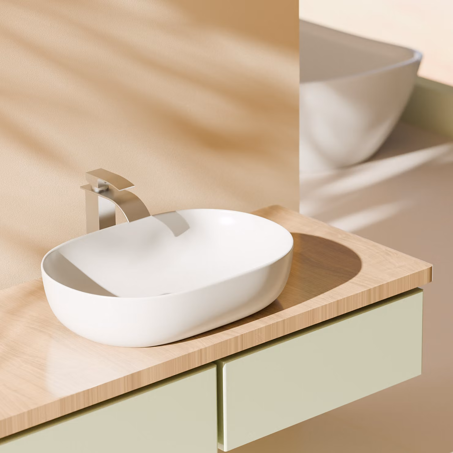 EMKE Keramik: Lavabo da appoggio ovale, bianco lucido, senza fori per rubinetteria, dimensioni 59,5 x 41,5 x 14,6 cm