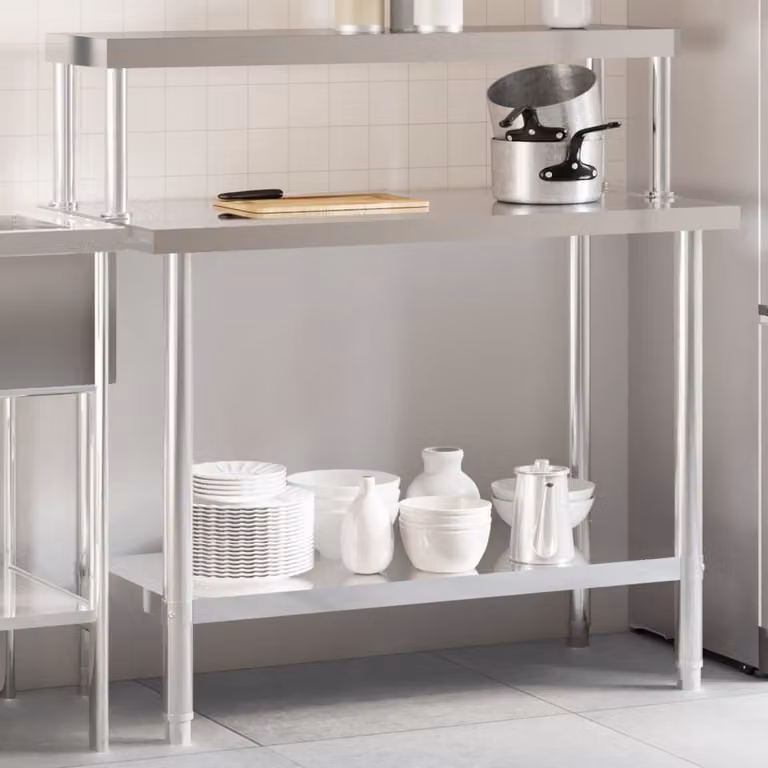 vidaXL Tavolo da lavoro professionale per cucina in metallo argento L: 110 cm, P: 55 cm, H: 120 cm