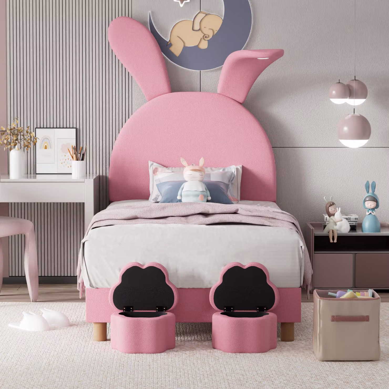 Letto imbottito 90x200, con due sgabelli, LED, orecchie da coniglio pieghevoli, senza materasso, rosa