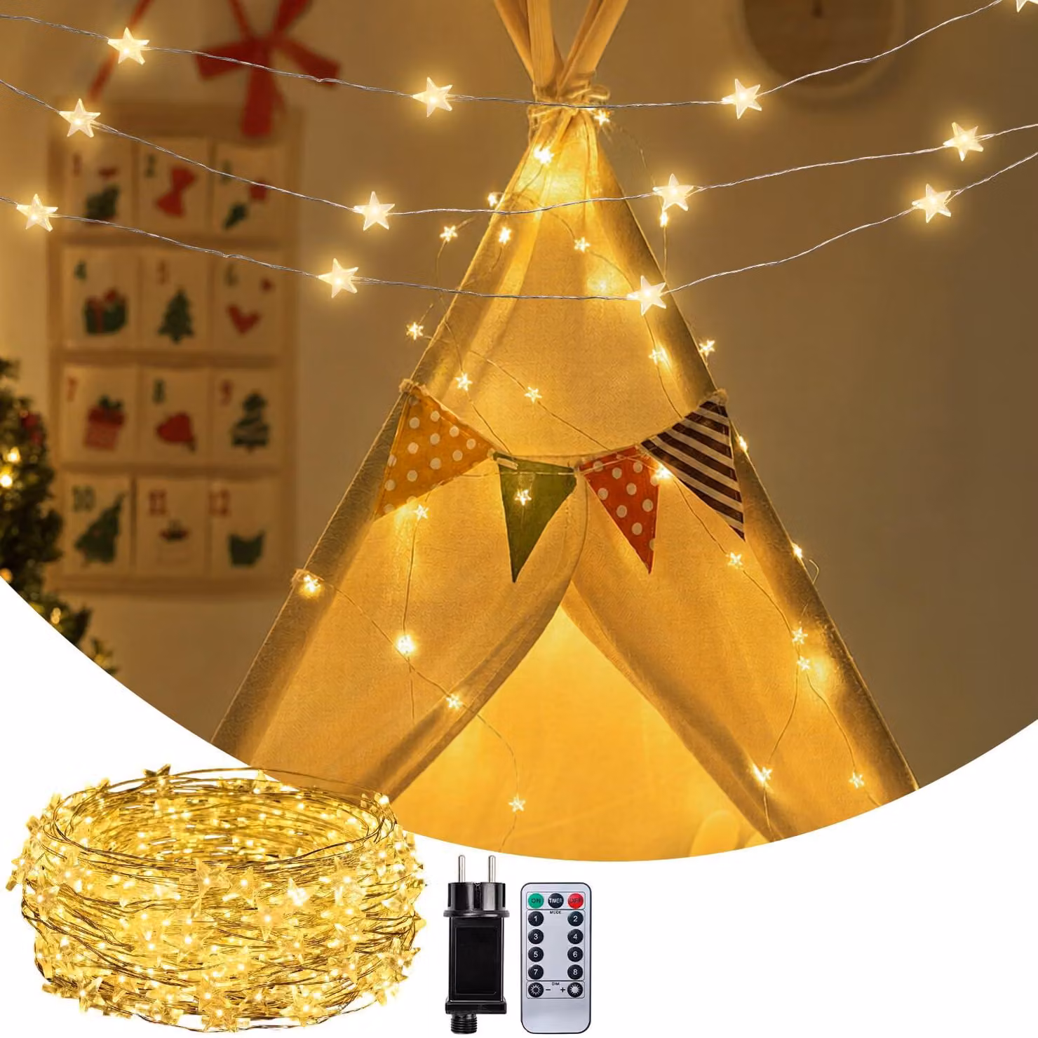Catena luminosa a forma di stella con spina, 12 metri, 120 LED, con telecomando