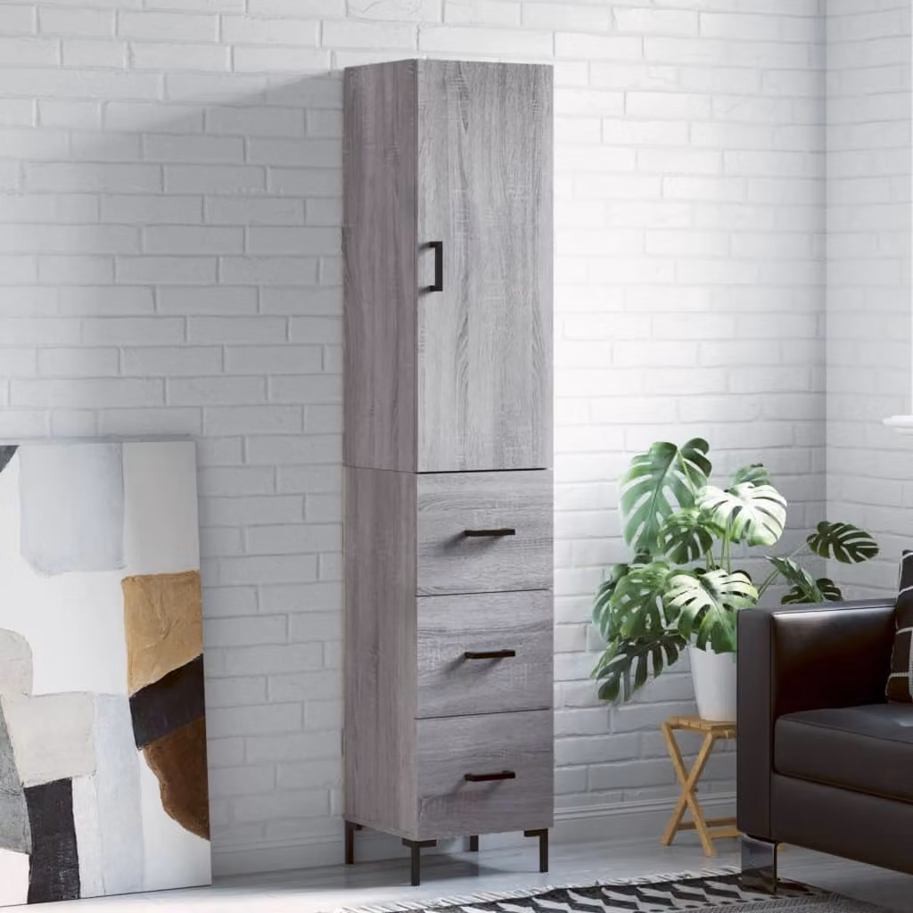 Credenza moderna vidaXL in legno e metallo, Grigio Sonoma, L: 34,5 cm, P: 34 cm, H: 180 cm