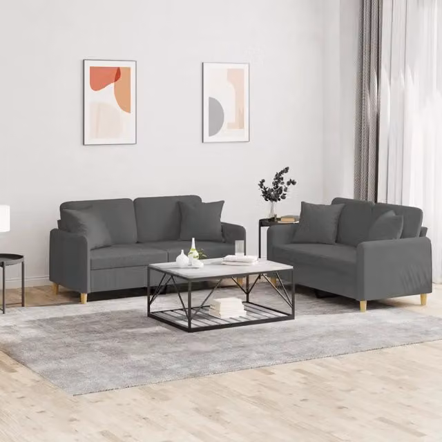 Set di 2 divani moderni vidaXL in tessuto grigio con cuscini decorativi per soggiorno