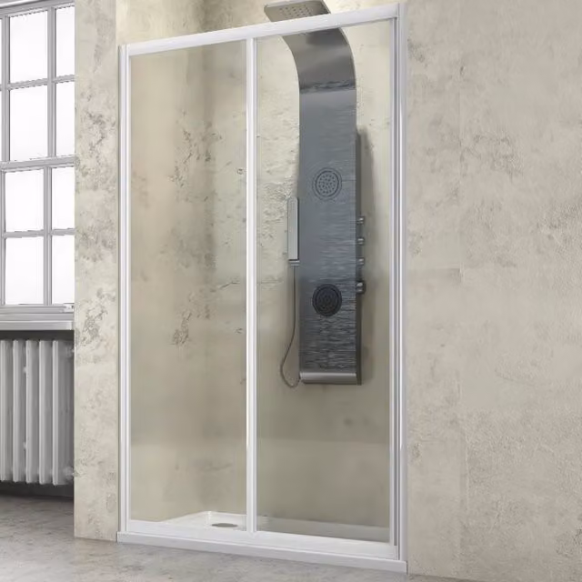Porta doccia scorrevole a due ante OGOMONDO in cristallo temperato trasparente con profili bianchi, H 185 cm, L: 137-141 cm