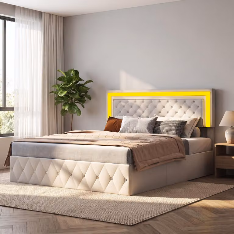 Letto con boxspring 140x200 cm con spazio contenitore e poggiatesta regolabile in altezza, letto imbottito con LED, letto contenitore con cassone, struttura letto con rete a doghe, tessuto in velluto, color beige