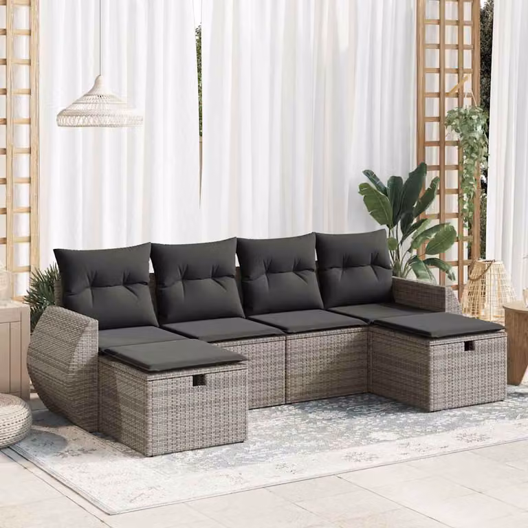 Set Divano da Giardino vidaXL 6 pz in Polyrattan Grigio con Cuscini e Forma a L