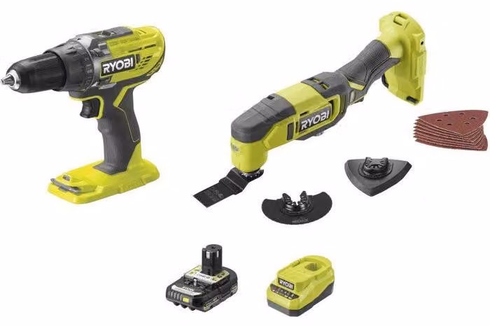 Kit 2 utensili Ryobi da 18V ONE+: trapano avvitatore, utensile multifunzione, batteria da 2Ah, caricabatterie R18CK2G-1C20G
