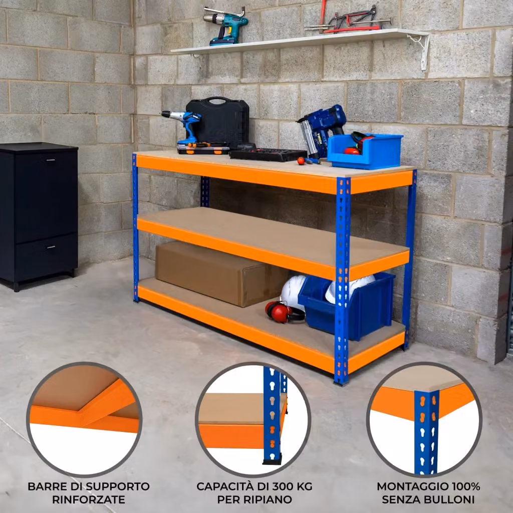 Banco da Lavoro a 3 Ripiani S-Rax MONSTER SHOP Blu e Arancione L: 180 cm, P: 60 cm, H: 90 cm – 2