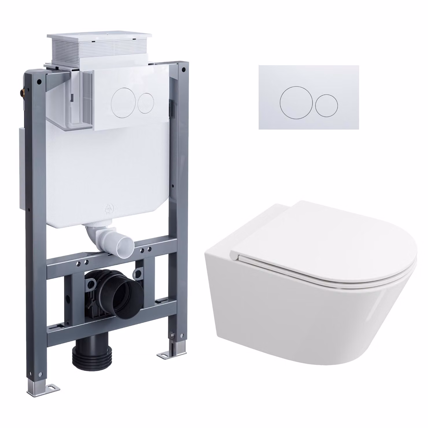 HOROW Set completo per WC sospeso - 82 cm: struttura a muro, cassetta di scarico nascosta, vaso WC sospeso, pulsante rotondo bianco