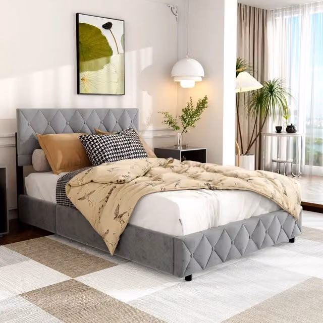 Letto matrimoniale imbottito in velluto grigio 140 × 200 cm con rete a doghe in legno