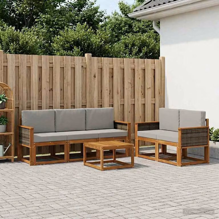 Set di divani da esterno vidaXL in legno di acacia con cuscini, composizione a L con tavolino, beige e grigio